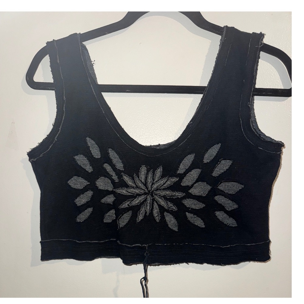 Ohm Black Distressed Floral Cutout Crop Top XS Grunge Y2K